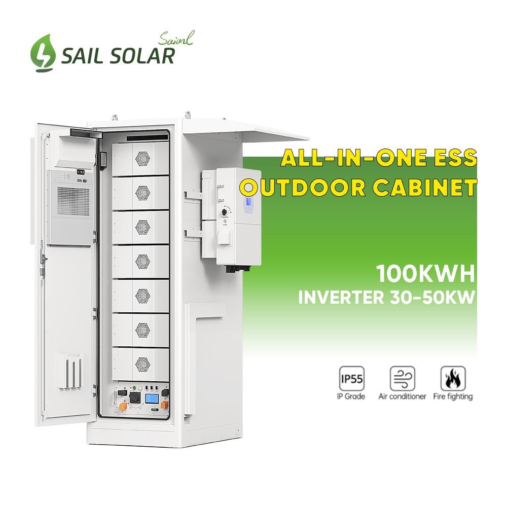 Système de stockage d'énergie tout-en-un pour armoire extérieure Sail Solar : batterie lithium 100 kWh avec onduleur solaire 30 kW/50 kW.