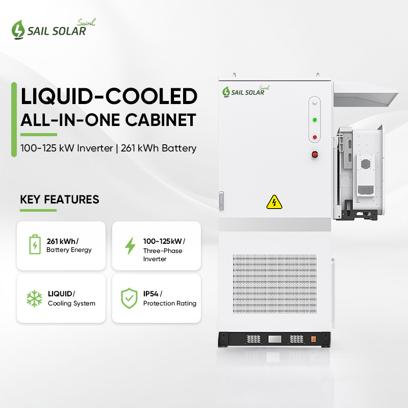 Armoire de stockage d'énergie extérieure SAIL SOLAR 261 kWh à refroidissement liquide avec onduleur hybride 100 kW/125 kW